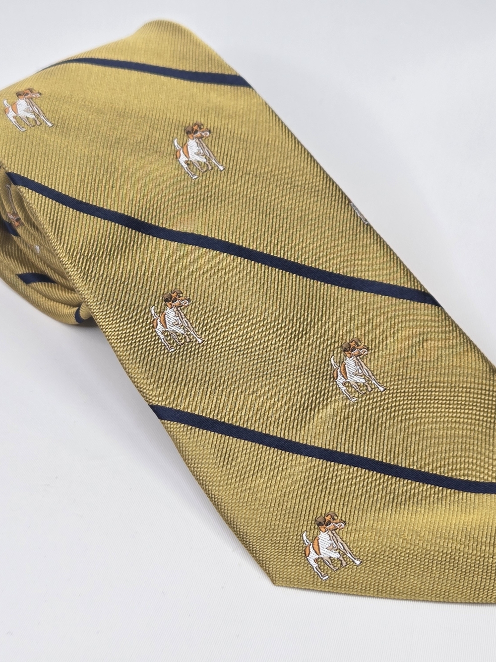 Lands' End Mens Mustard Yellow Repp Tie with Navy Stripes and Dog Motif 3.5x58.5